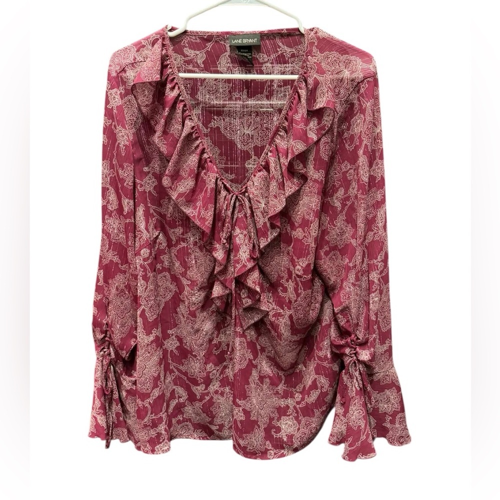Lane Bryant Pink Floral Ruffle V-Neck Blouse size 22/24